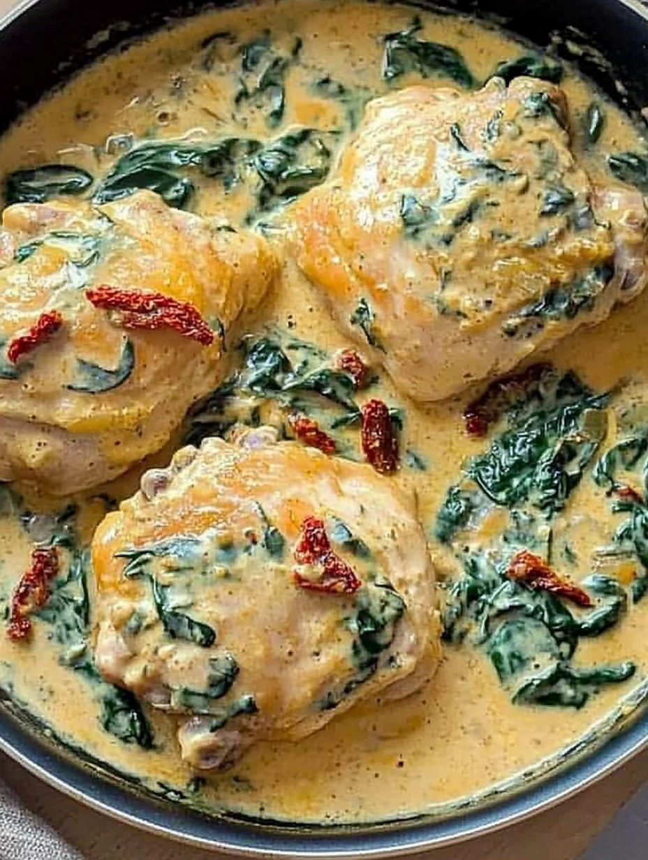 One-Pan Creamy Tuscan Chicken Thighs with Spinach & Sun-Dried Tomatoes
