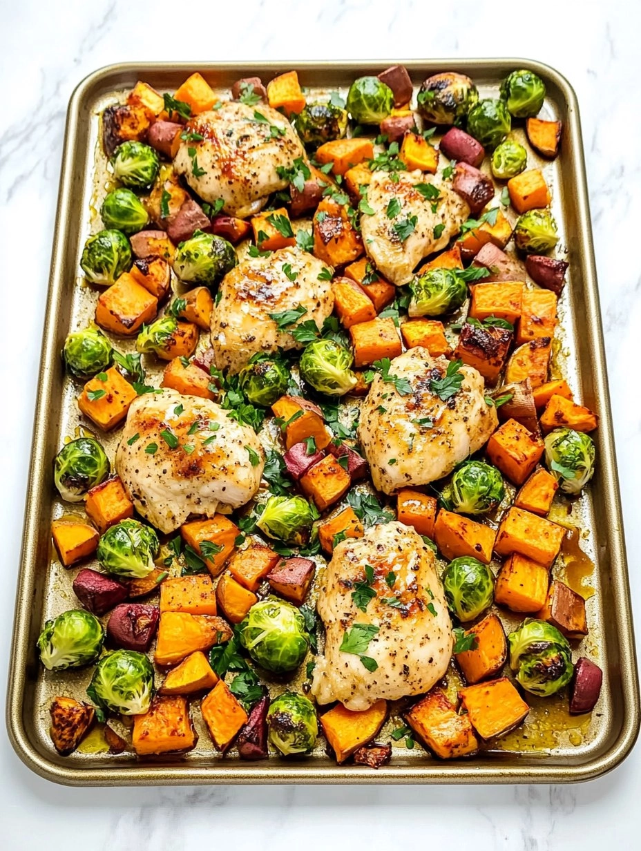 Sheet-Pan Maple Dijon Chicken with Brussels Sprouts & Sweet Potatoes