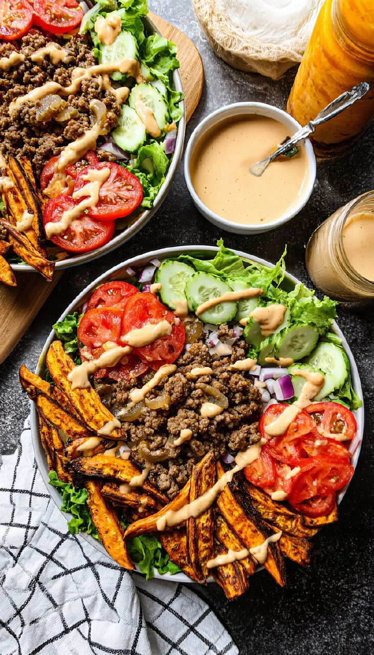 Burger Bowls with Chipotle Ranch Sweet Potato Fries