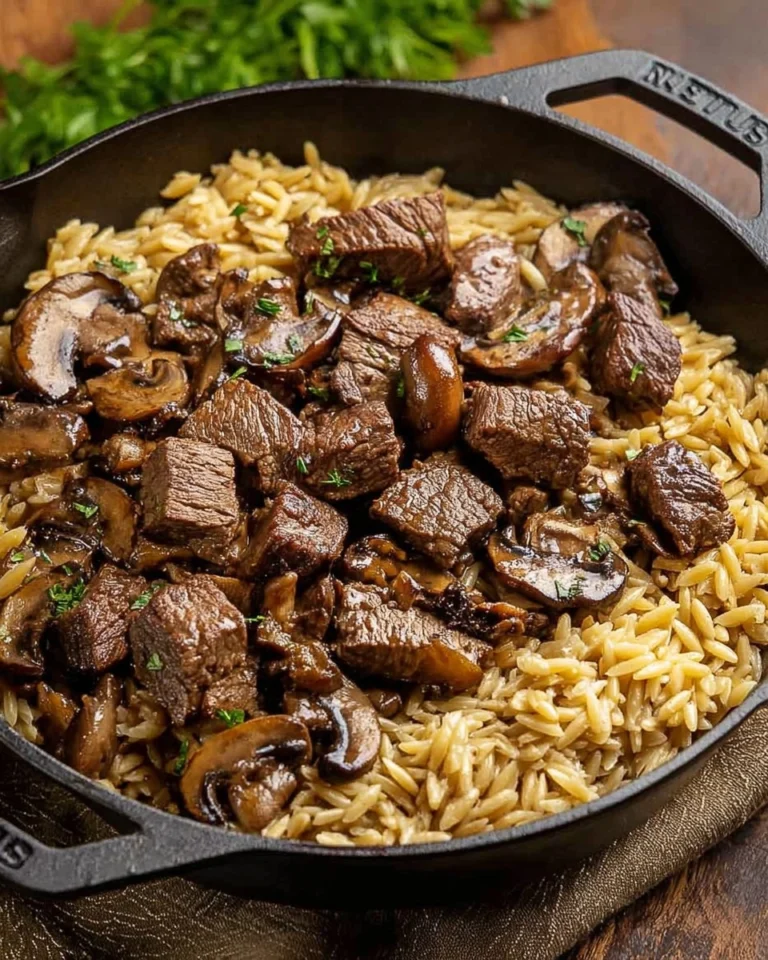 Steak-Bites-with-Creamy-Mushroom-Orzo-Recipe