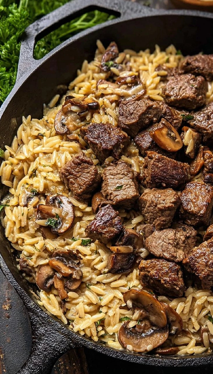 Steak Bites with Creamy Mushroom Orzo