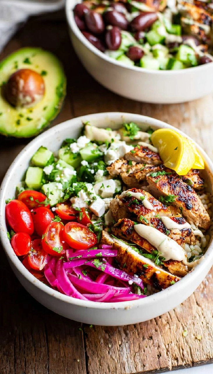 Greek Chicken Bowls with Lemon Garlic Tahini Sauce (Healthy Mediterranean Bowls)