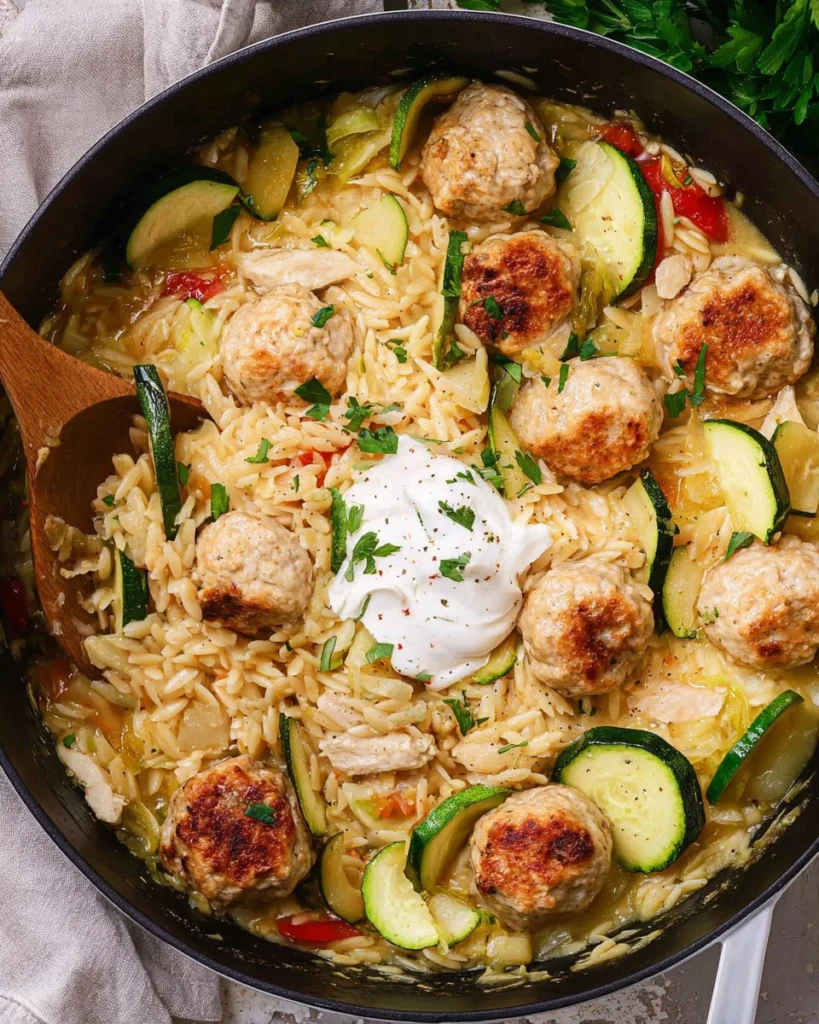 Summer-Squash-Orzo-Skillet-with-Chicken-Meatballs-Recipe