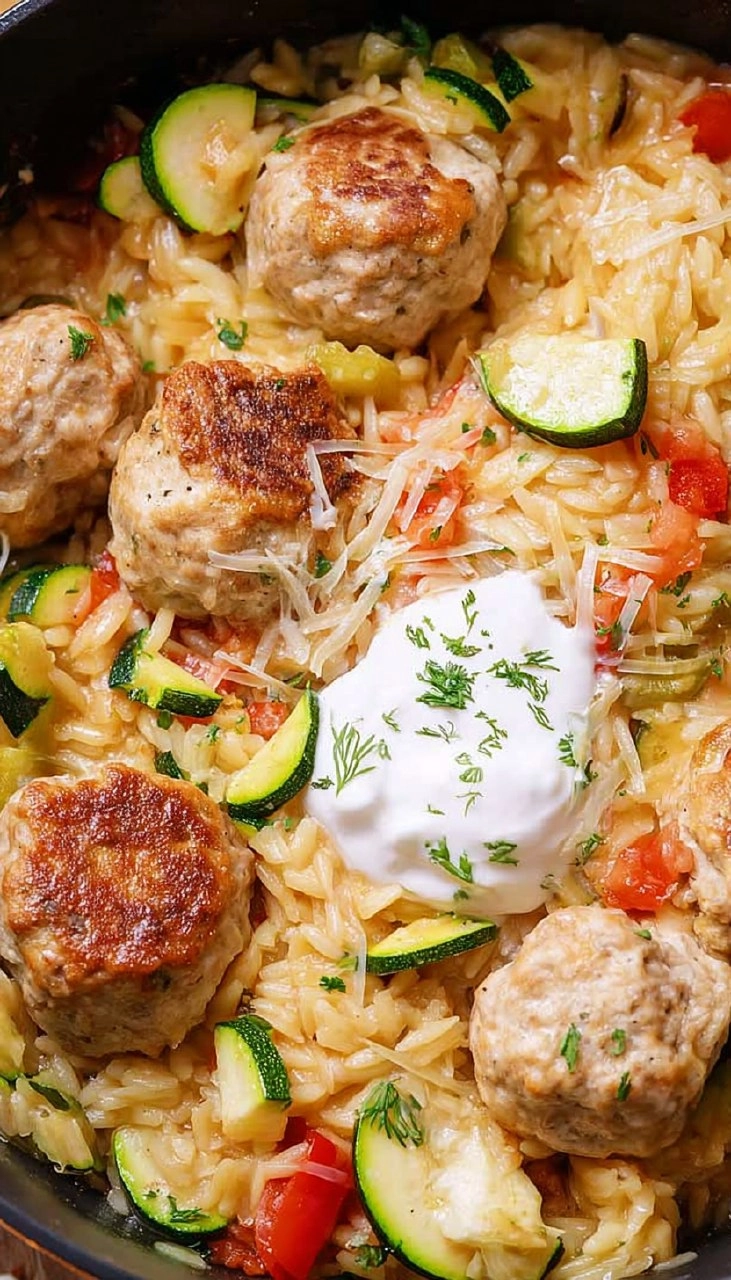 Summer Squash Orzo Skillet with Chicken Meatballs
