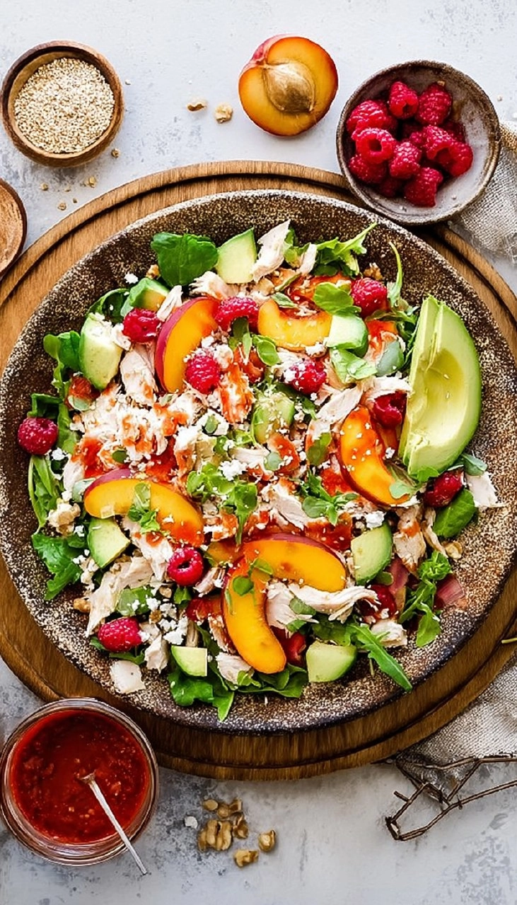 Chicken Salad with Peaches, Avocado & Fresh Raspberry Dressing