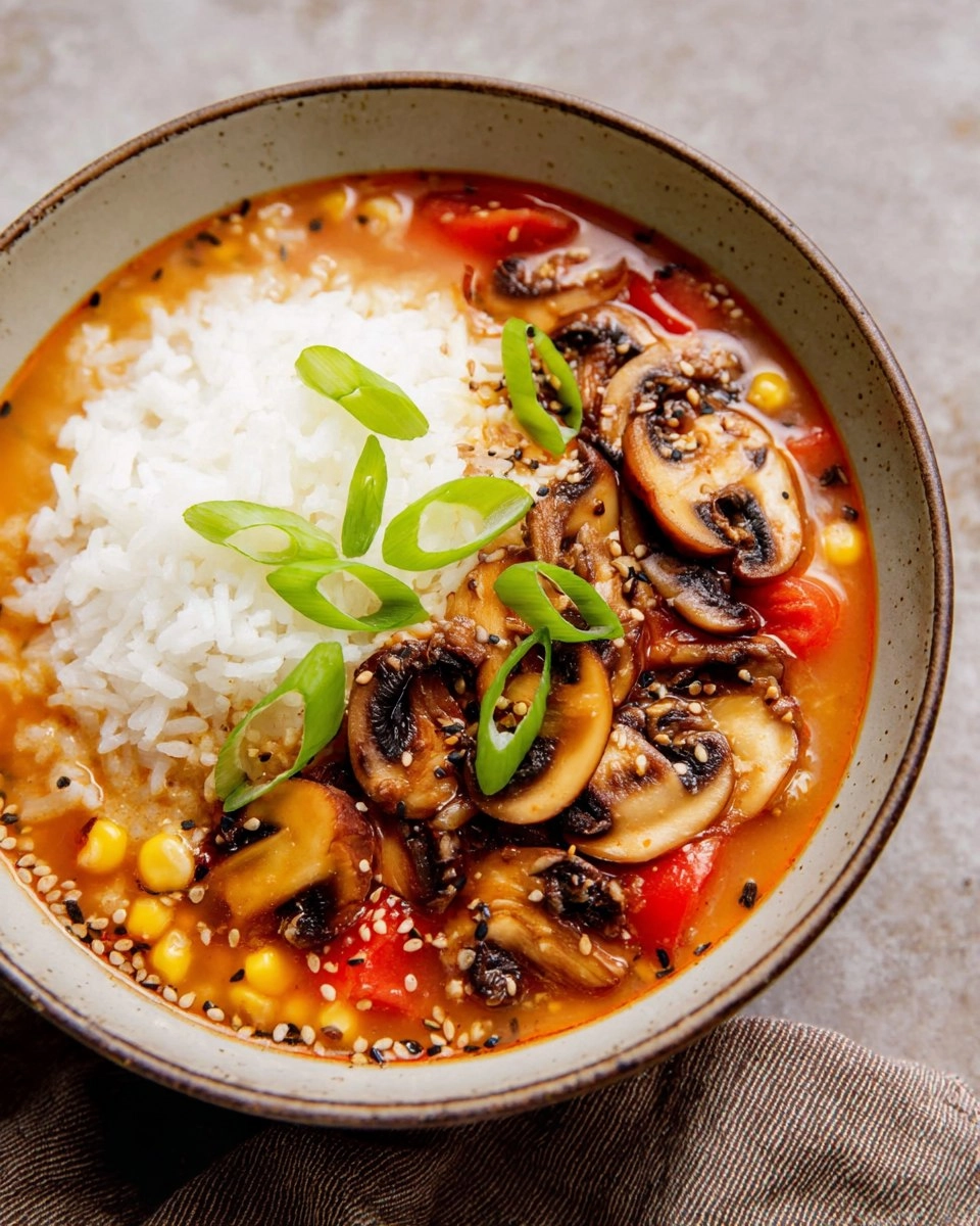 Tomato Miso Soup with Garlic Sesame Mushrooms