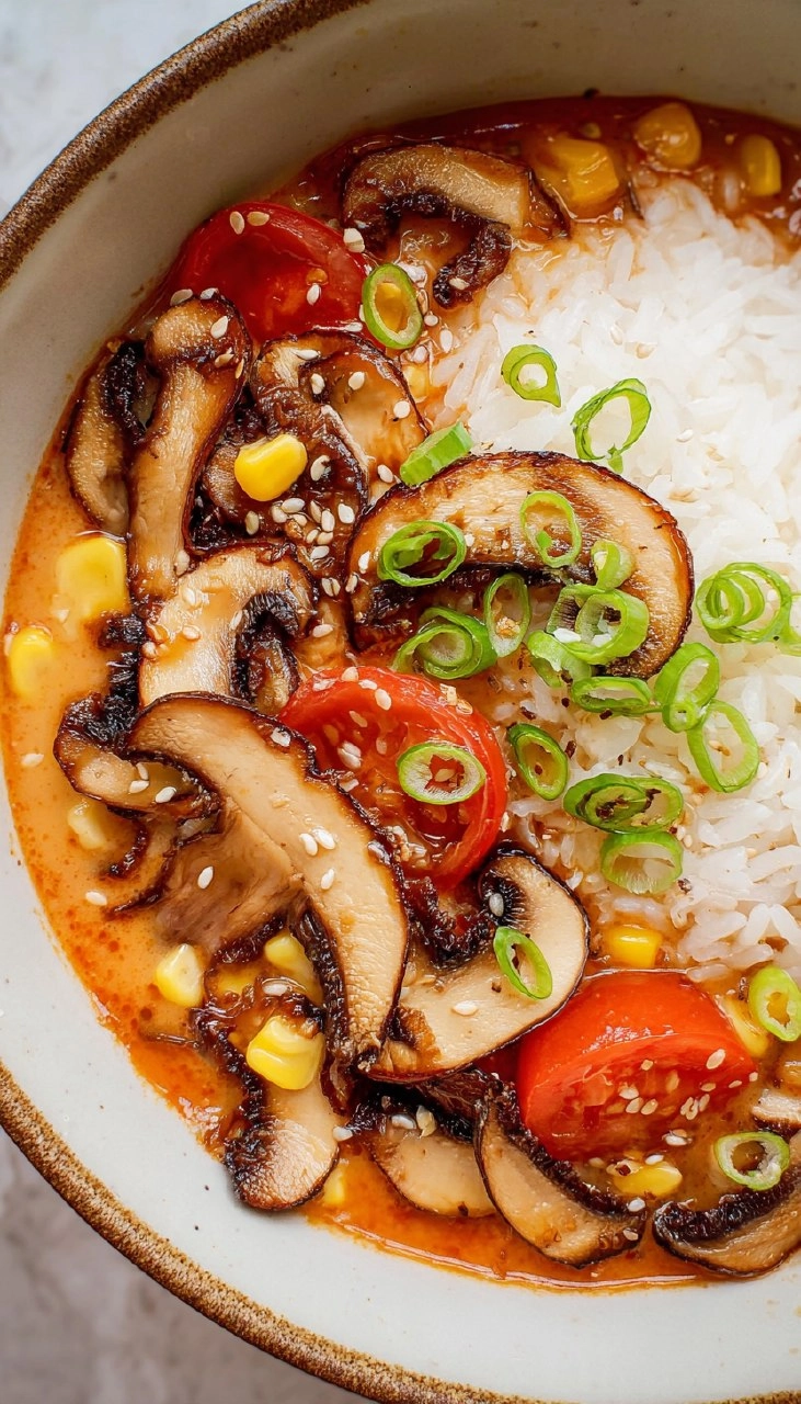 Tomato Miso Soup with Garlic Sesame Mushrooms
